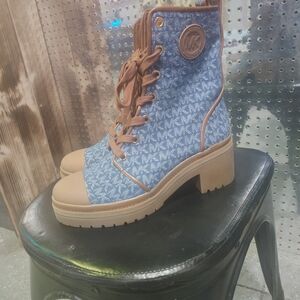 Michael Kors Denim Blue and Tan Lace-Up Boots